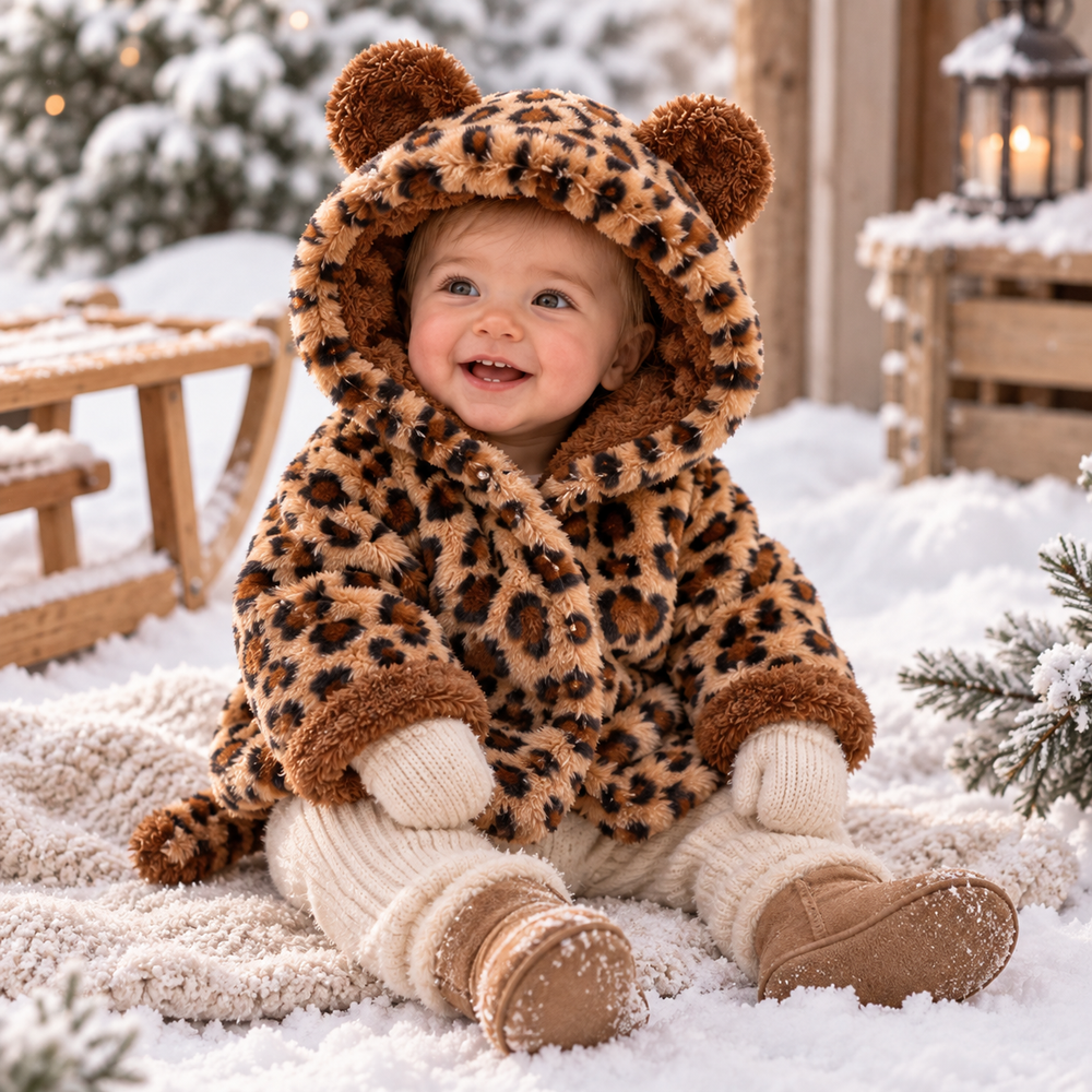 Baby wearing a leopard-print plush jacket with rounded hood ears on a snowy porch
