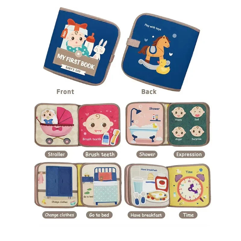 Baby Life busy book showing covers and activities for dressing, bedtime, meals, and daily routines