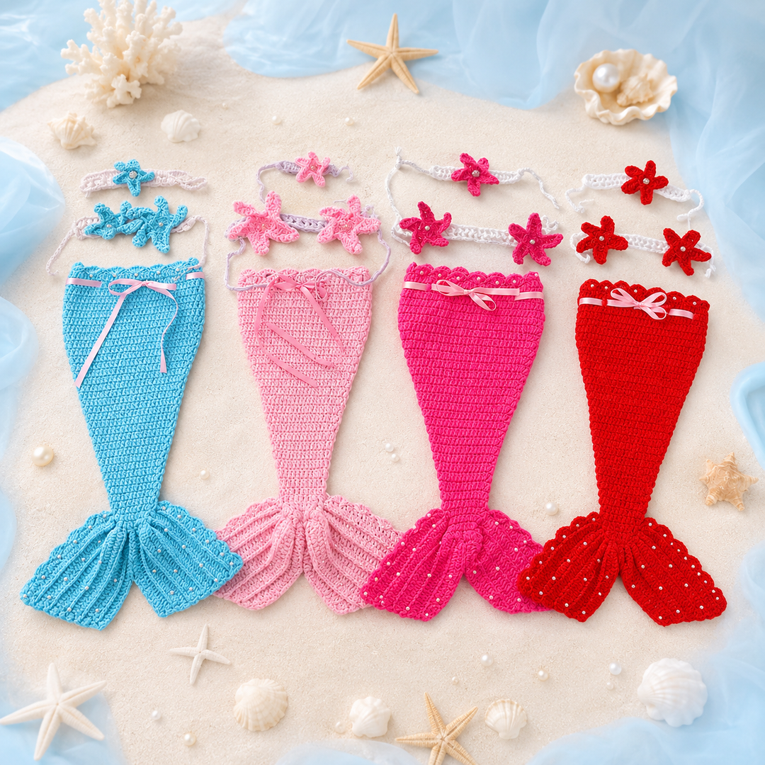 Knitted baby mermaid sets in blue, light pink, bright pink, and red with starfish tops and headbands