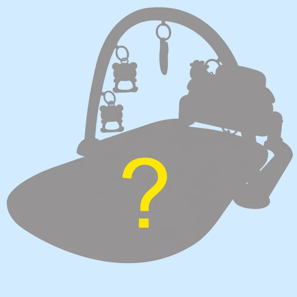 Silhouette of a baby play gym with hanging toys and a yellow question mark