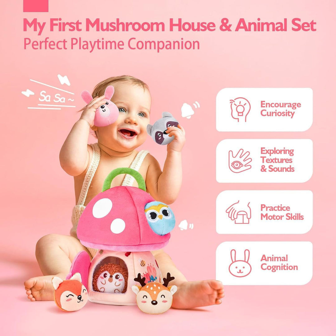 Baby with a pink mushroom plush house and woodland animal toys