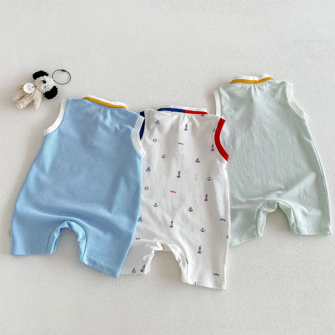 Back views of light blue, white, and light green sleeveless baby rompers with short legs