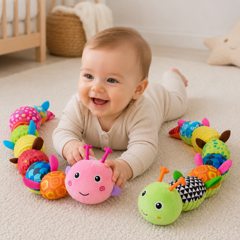 Smiling baby reaching for a pink caterpillar rattle with a green caterpillar rattle nearby