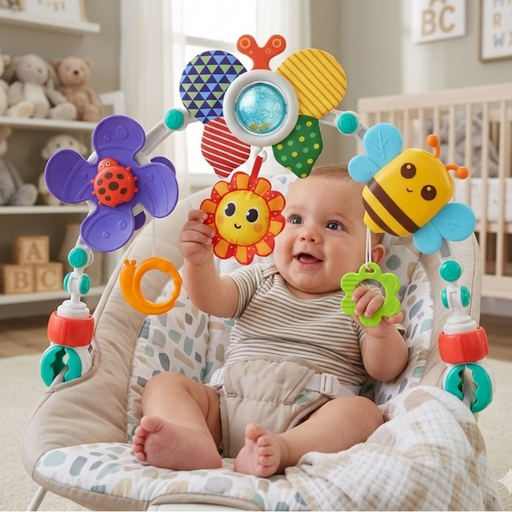 Baby reaching toward hanging toys on a colorful play arch