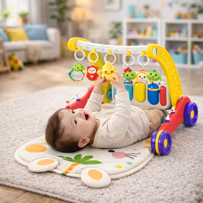 Baby lying on a padded bunny mat and reaching toward the activity gym&