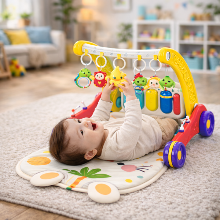 Baby lying on a padded bunny mat and reaching toward the activity gym&