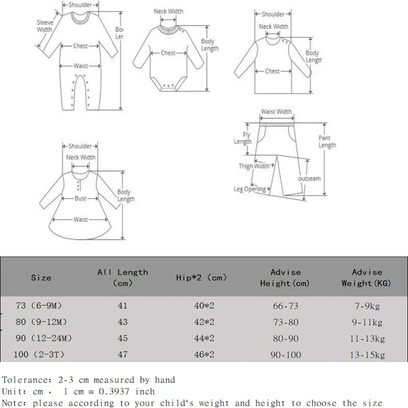 Baby romper size chart for sizes 73–100 with garment measurements and recommended height and weight.