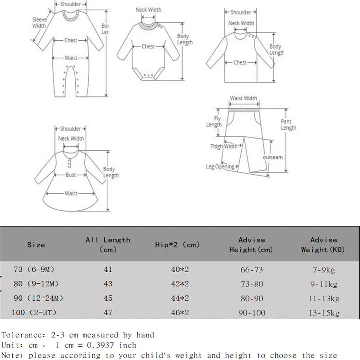 Baby romper size chart for sizes 73–100 with garment measurements and recommended height and weight.