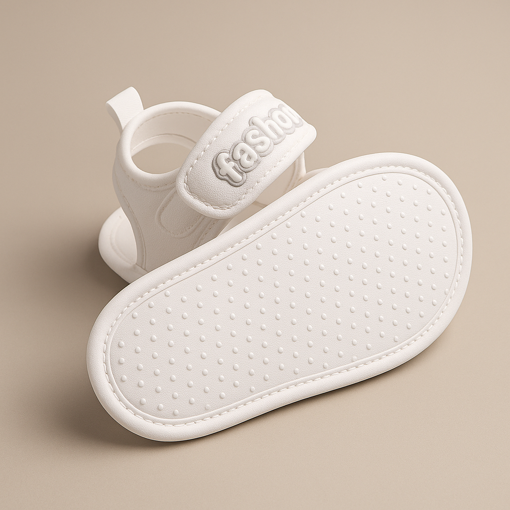 Baby sandals showing an adjustable strap and a dotted outsole