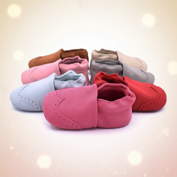 Deep pink baby shoes in front of several colors, showing decorative toe perforations