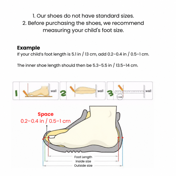 Shoe fitting guide showing foot measurement and 0.2–0.4 in / 0.5–1 cm of extra space.