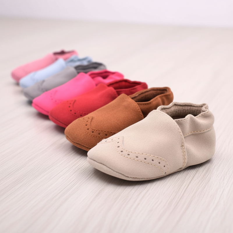 Baby shoes lined up by color, with a white slip-on shoe at the front