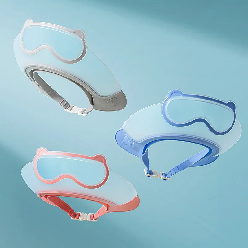 Adjustable baby shower caps in gray, blue, and pink with clear face rims