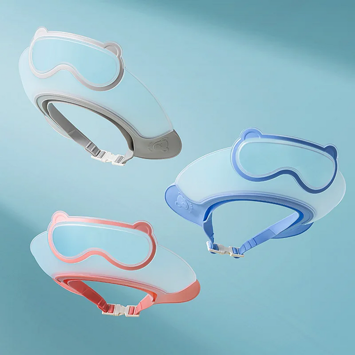 Adjustable baby shower caps in gray, blue, and pink with clear face rims