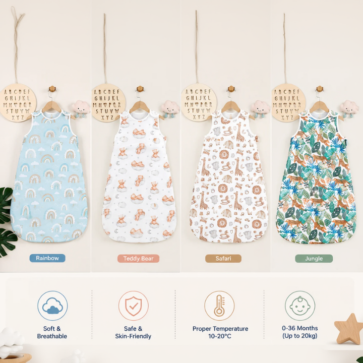 Four sleeveless baby sleep sacks in rainbow, bear, safari animal, and jungle prints