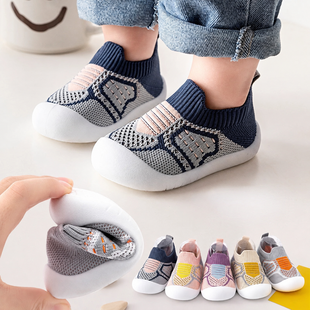 Child wearing blue knit slip-on shoes, with a gray shoe bent by hand and five colors shown below