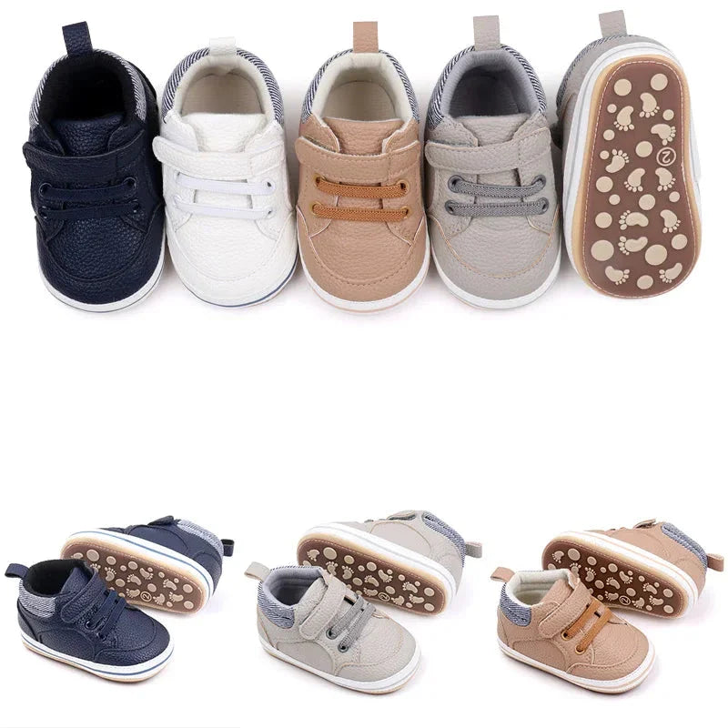 Four baby sneaker colors shown from above, with additional views of the textured soles