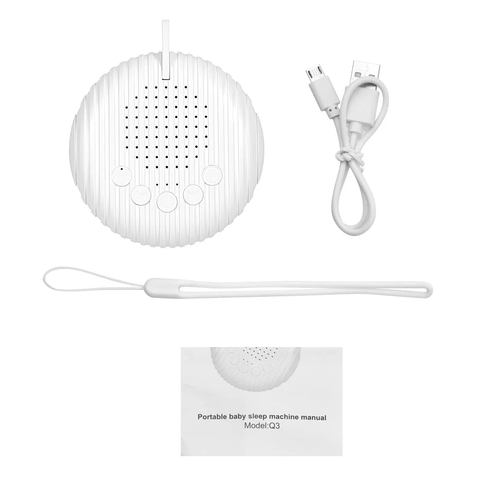 White baby sound machine displayed with a USB charging cable, lanyard, and manual
