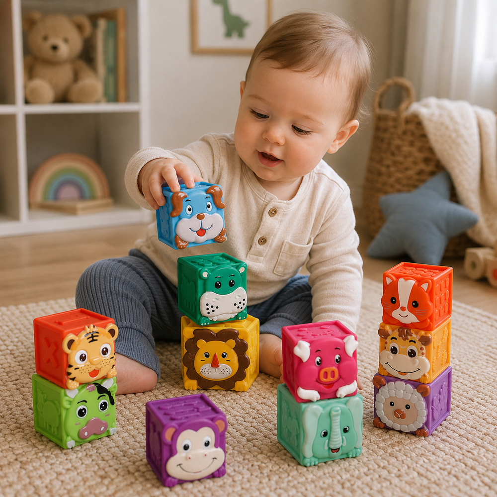Baby placing a blue puppy block on a stack of colorful animal blocks