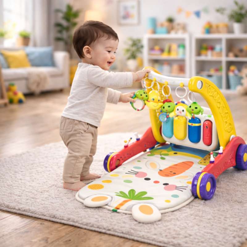 Baby standing at a red and yellow piano walker with hanging rattles and a bunny-shaped mat