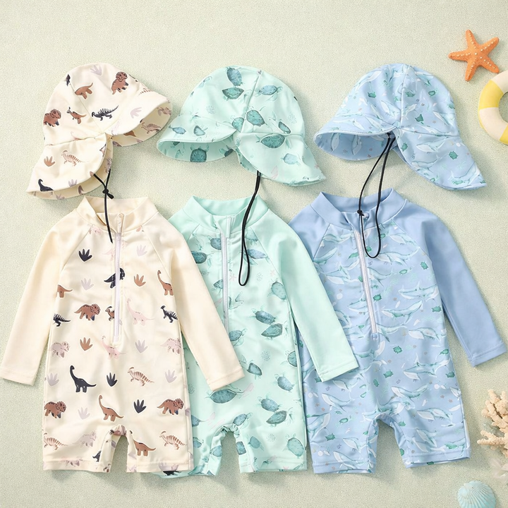 Beige, mint green, and light blue long-sleeve baby swimsuits with matching neck-flap hats.