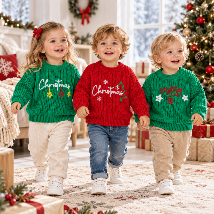 Three children wearing red and green Christmas sweaters beside a decorated tree.