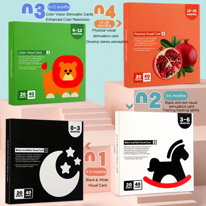 Four visual card boxes featuring a moon, rocking horse, lion, and pomegranate.