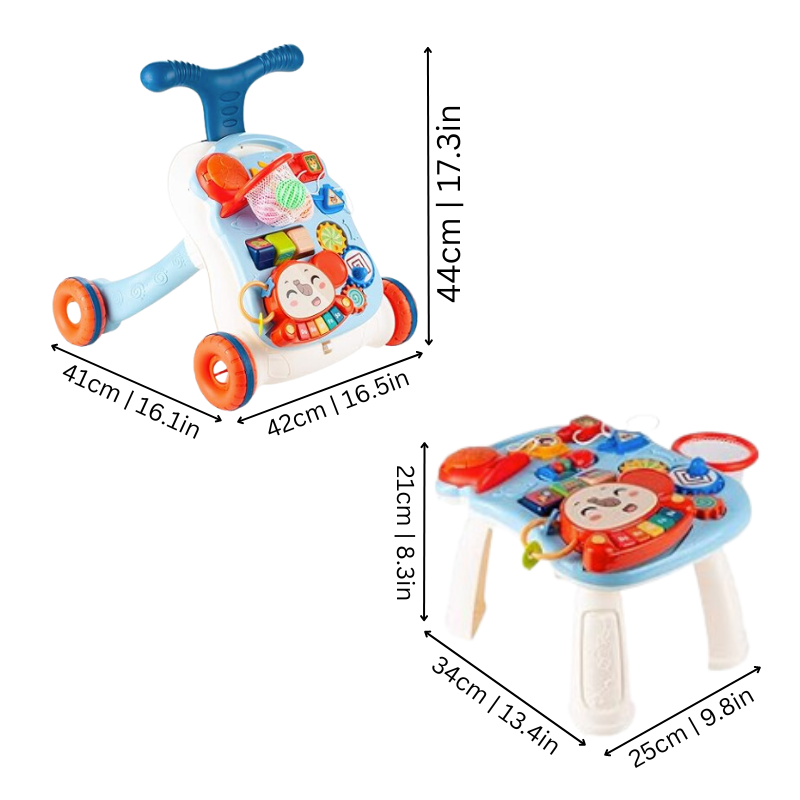 Blue baby walker and activity table configurations with measurement guides.