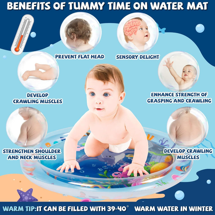 Tummy-time activity graphic showing a baby on a sea-themed water mat