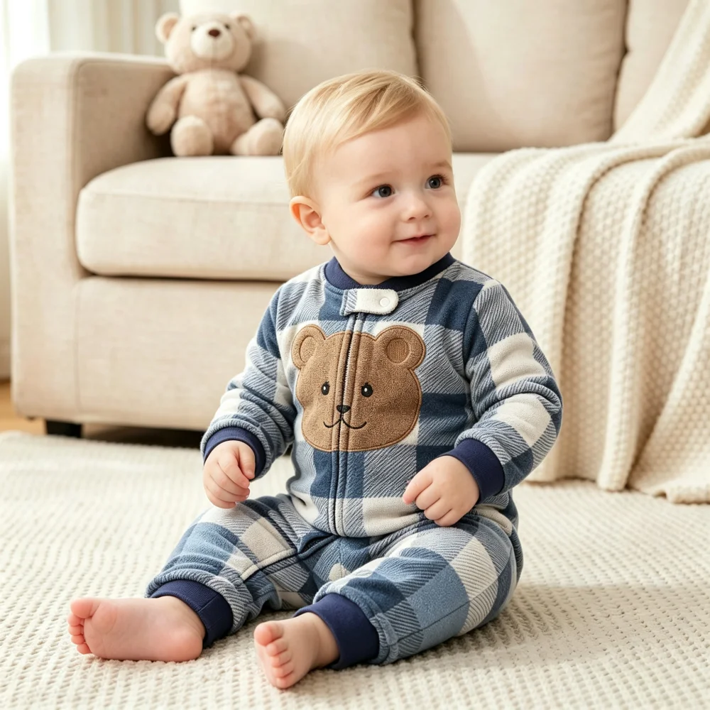 Baby seated on a rug wearing a blue check fleece jumpsuit with a bear face on the chest