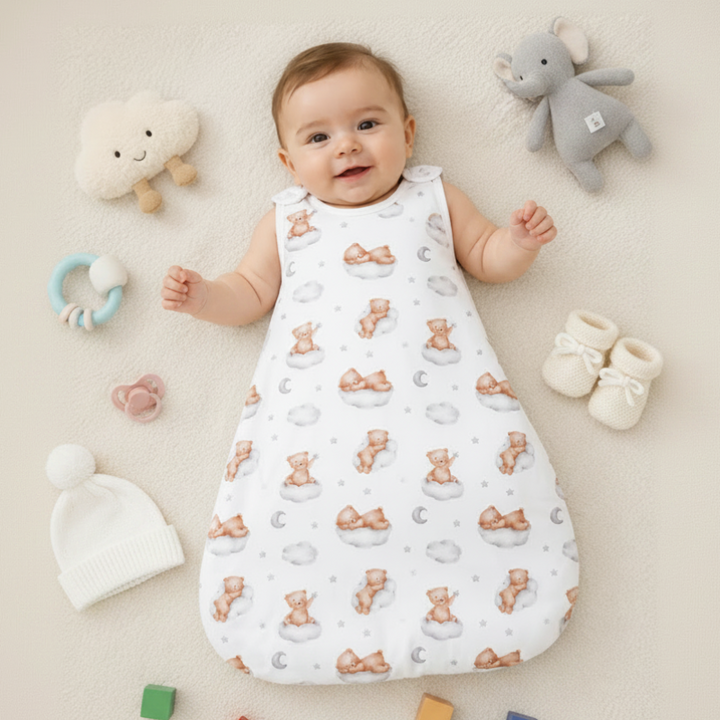 Baby wearing a white bear-print sleep sack with sleeveless arm openings