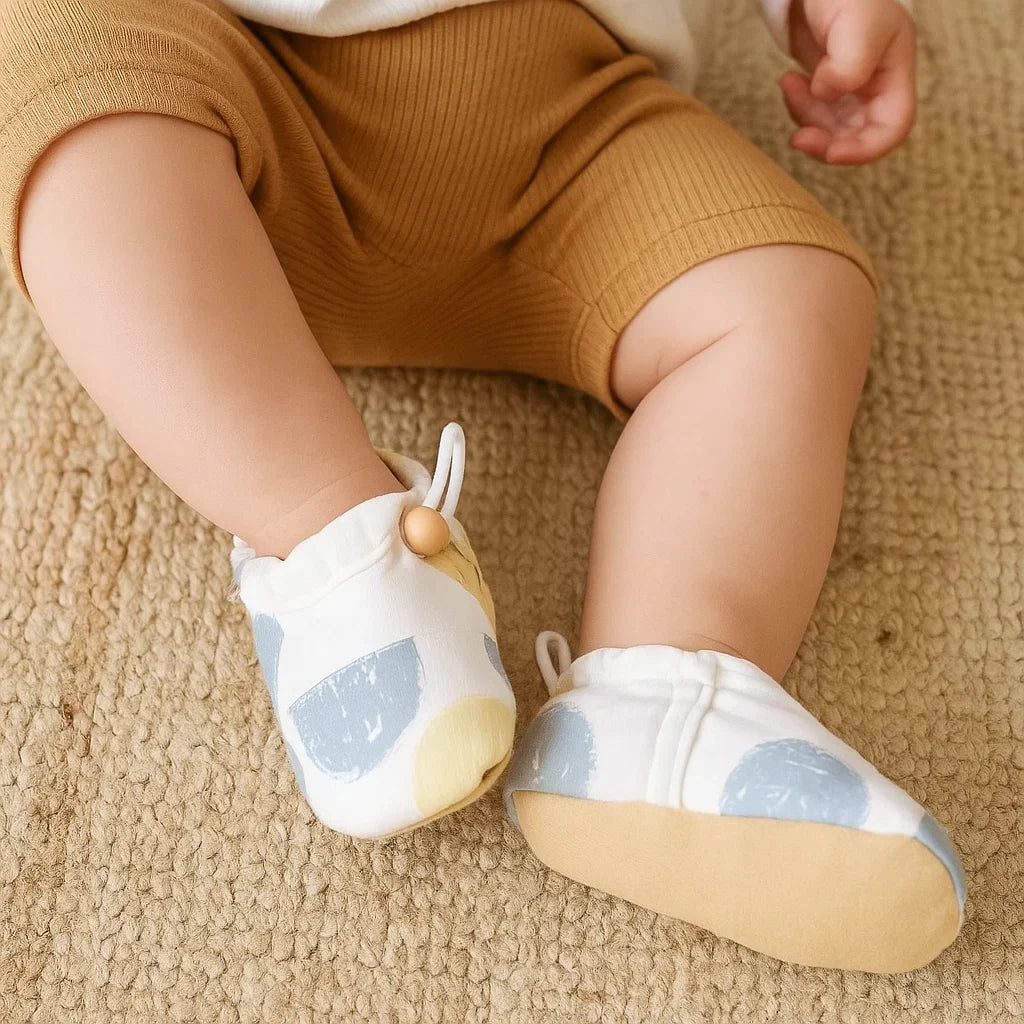 Baby wearing blue-and-yellow printed shoes with one rubber sole visible