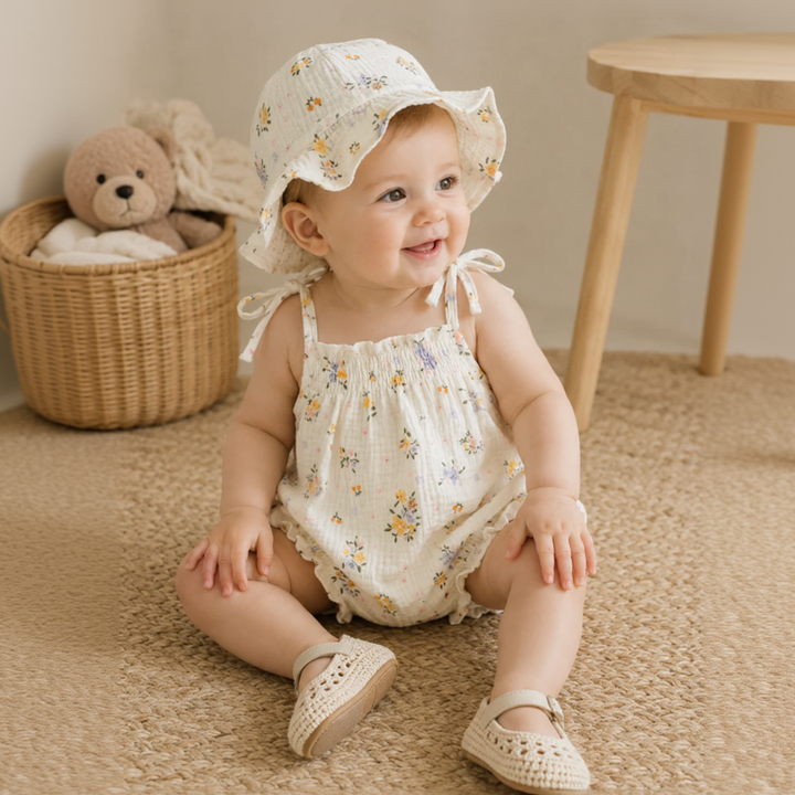 Baby seated in a floral sleeveless bodysuit and matching brimmed hat
