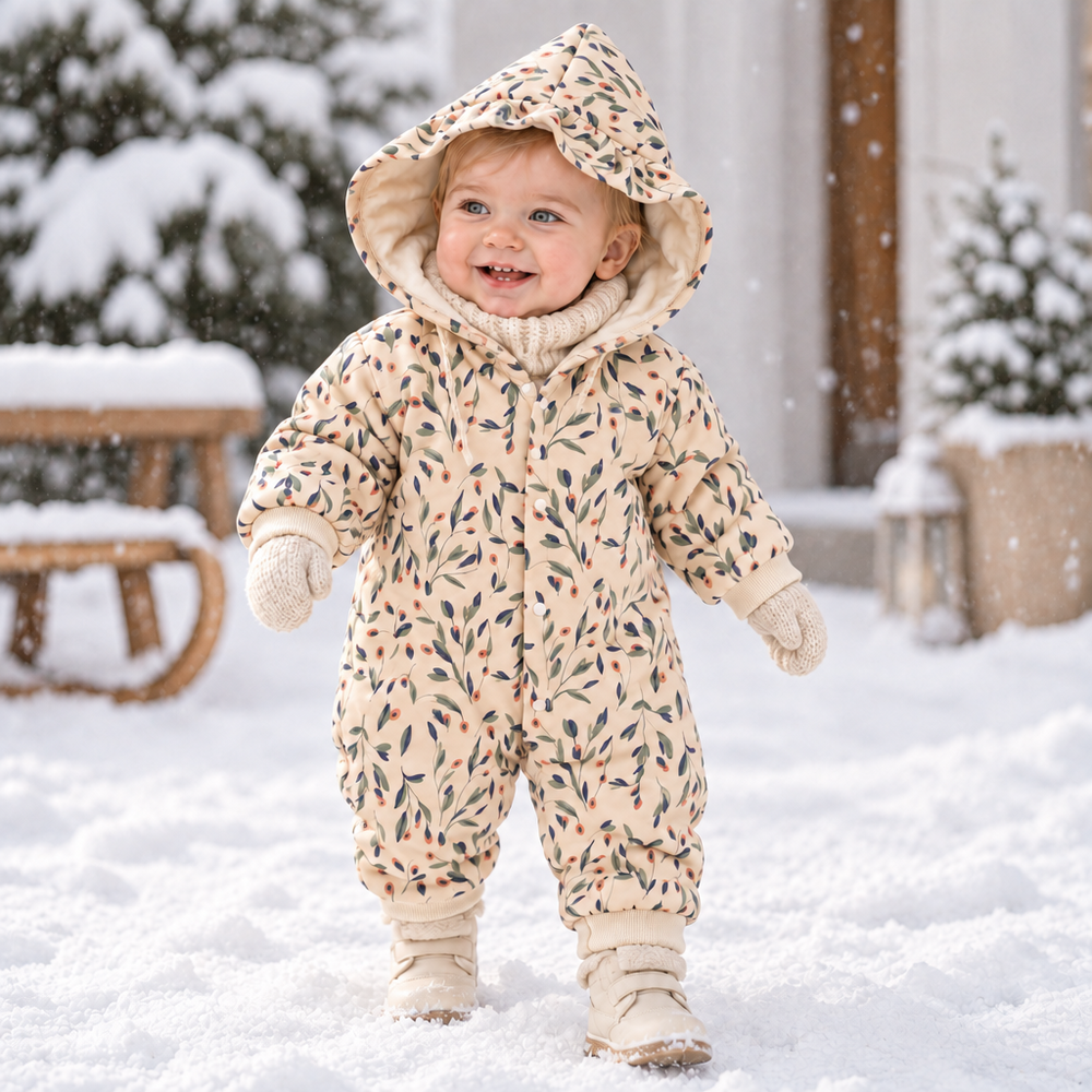 Baby wearing a cream floral hooded romper outdoors in a snowy setting.