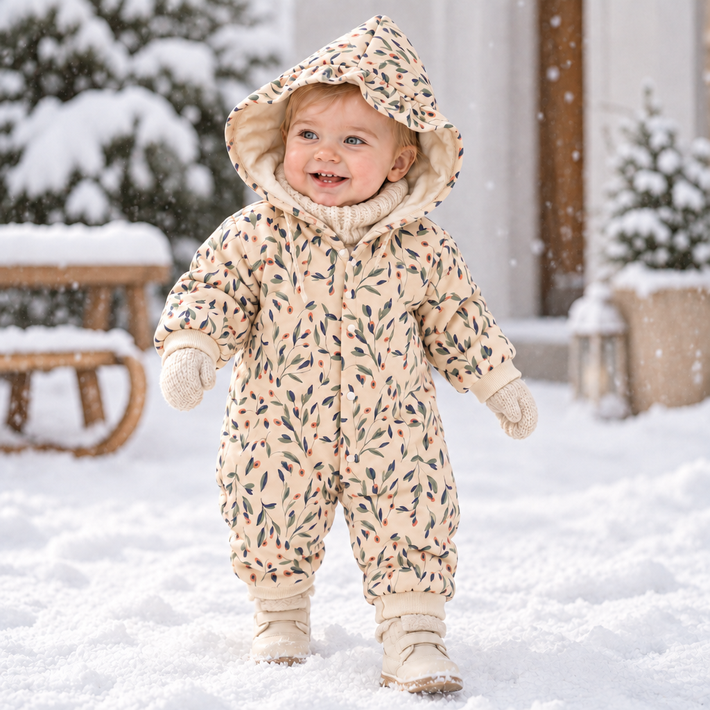 Baby wearing a cream floral hooded romper outdoors in a snowy setting.