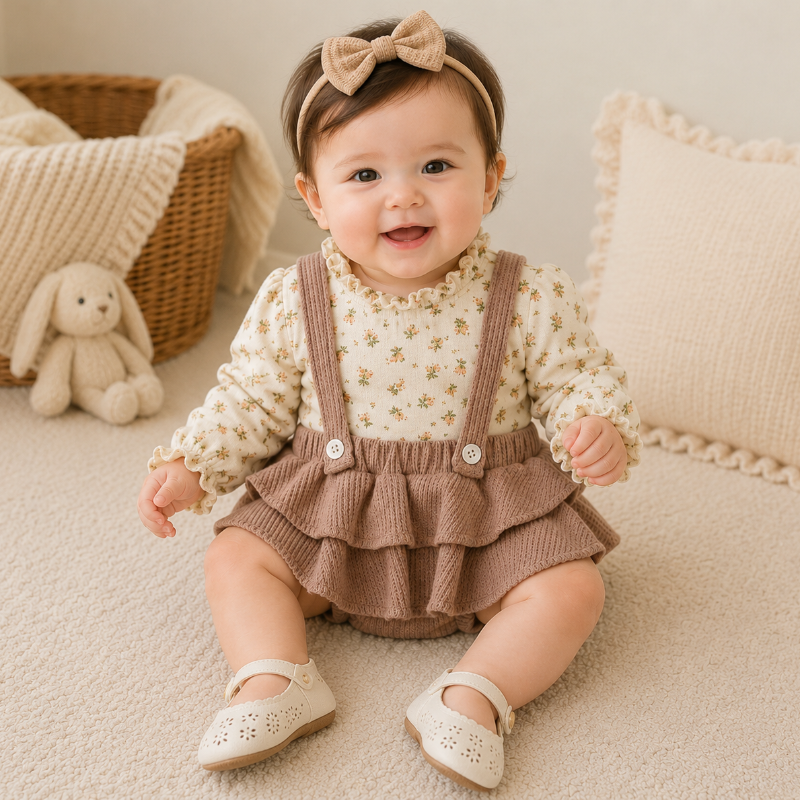 Baby wearing a cream floral blouse and taupe suspender romper with layered ruffles