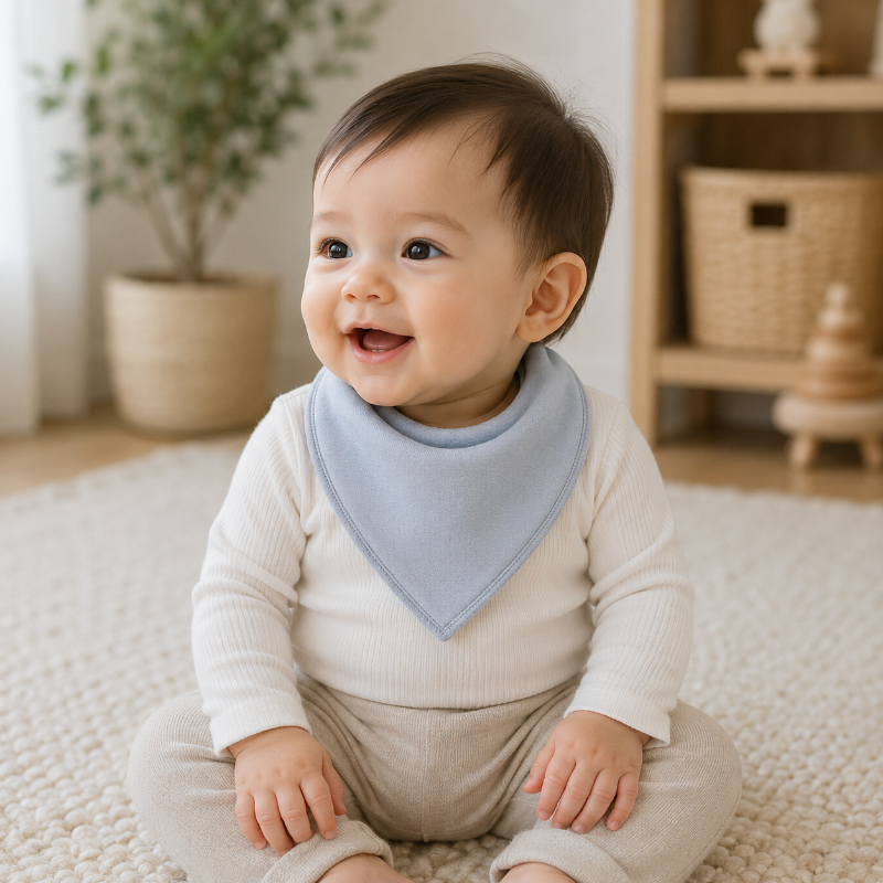 Seated baby wearing a gray cotton bandana bib over a cream outfit