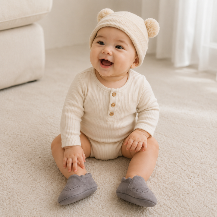 Baby seated on a carpet wearing gray baby shoes and a cream outfit