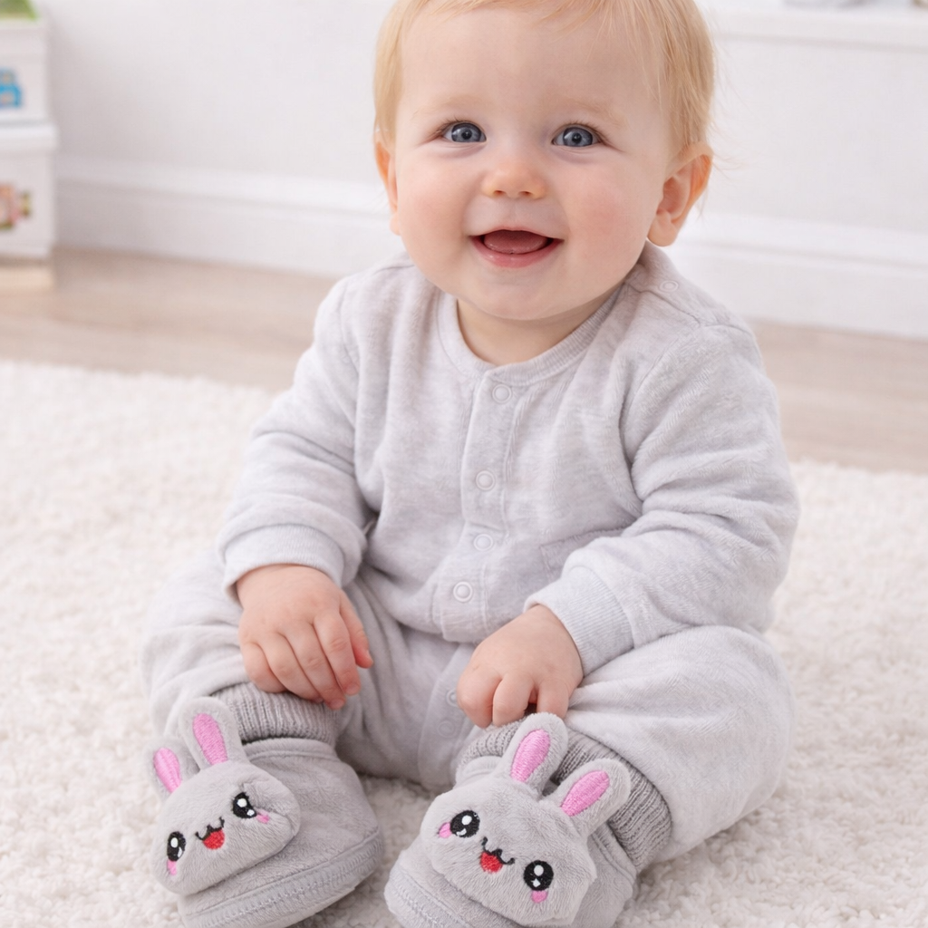 Baby sitting on a rug wearing gray rabbit slippers