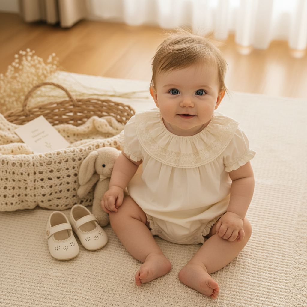 Baby seated in an ivory romper with a wide lace-trimmed collar and ruffled sleeves.