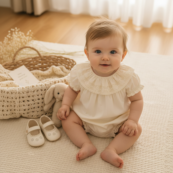 Baby seated in an ivory romper with a wide lace-trimmed collar and ruffled sleeves.
