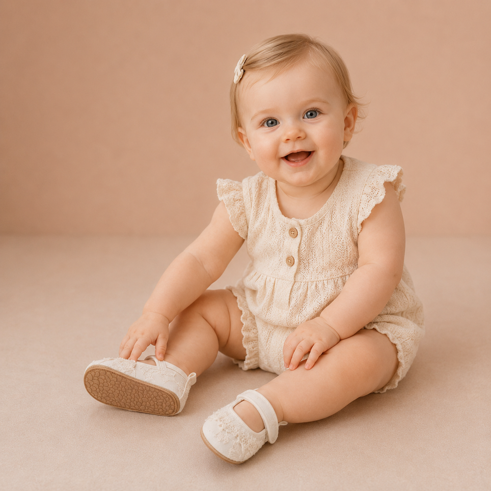 Baby wearing white lace shoes with a cream-colored romper