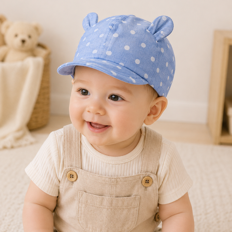 Baby wearing a light blue polka dot cap with rounded ears and a curved brim.
