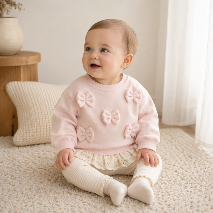 Seated baby wearing a pink bow sweater and cream ribbed pants