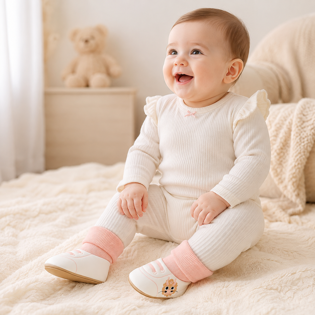 Baby sitting on a cream bed wearing white baby shoes with pink knit cuffs.