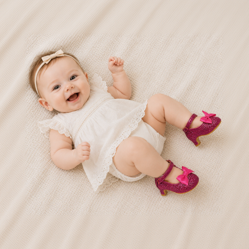 Baby in a white outfit wearing pink glitter shoes with bows