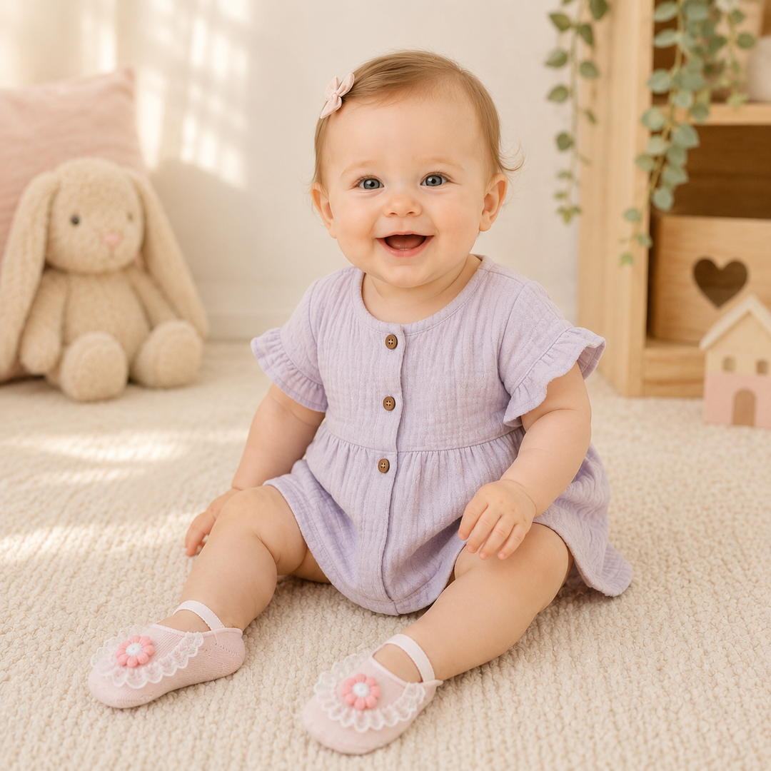 Baby in a lavender romper wearing pink flower socks with white lace trim