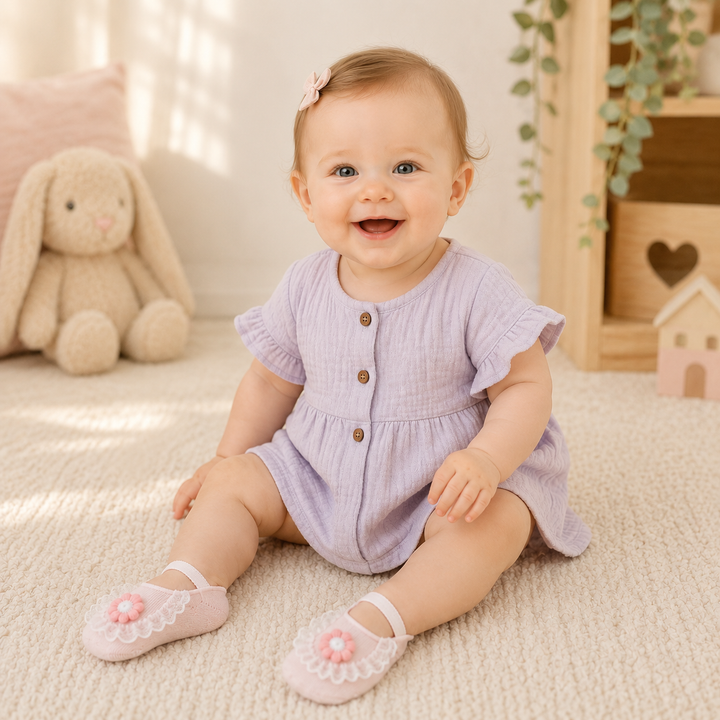 Baby in a lavender romper wearing pink flower socks with white lace trim