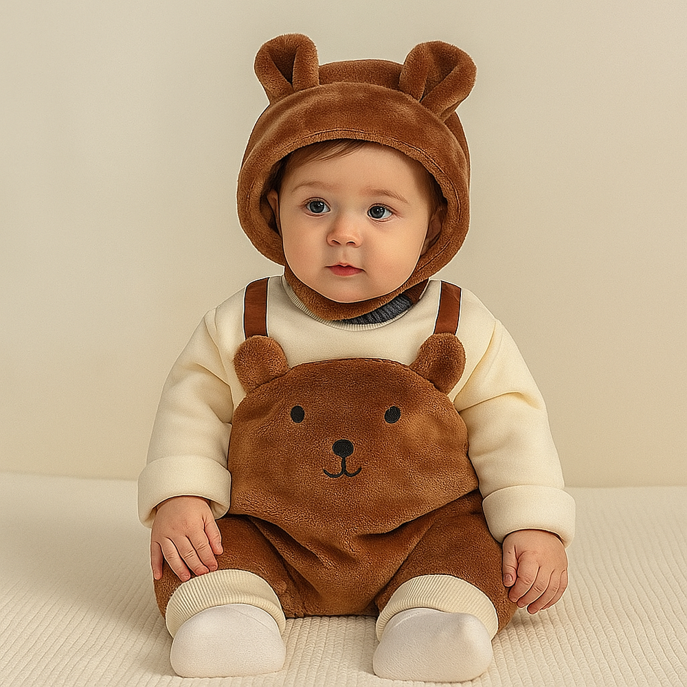 Baby seated in a brown bear romper with cream sleeves and a plush bear-ear hat