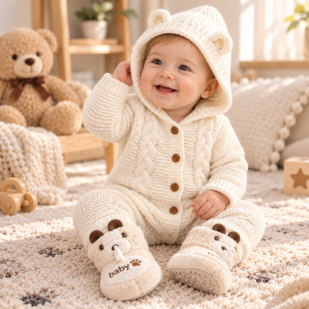 Baby seated in a white cable-knit jumpsuit with an ear-detail hood and front buttons